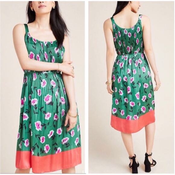 NWT Anthropologie Mireille Green Floral Pleated Midi Dress Size S Tie Waist Boho - Picture 1 of 9
